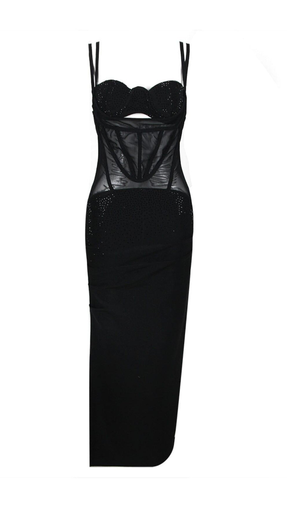 MESH CORSET SPLIT MAXI DRESS IN BLACK
