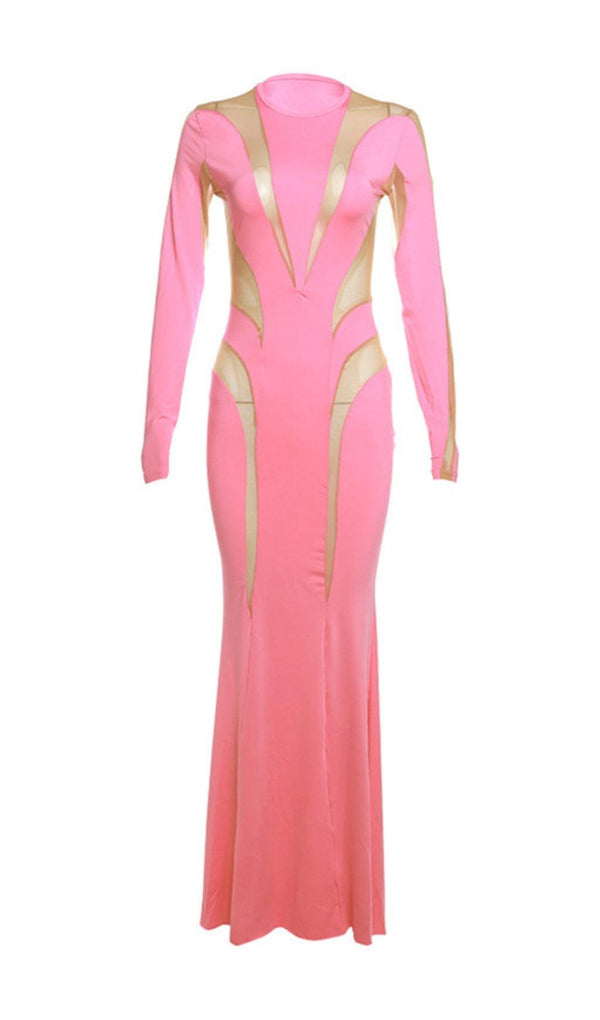 LONG SLEEVE MESH BODYCON MAXI DRESS IN PINK