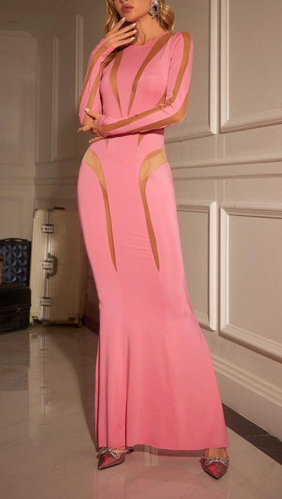 LONG SLEEVE MESH BODYCON MAXI DRESS IN PINK AIIZIE LONG SLEEVE MESH BODYCON MAXI DRESS IN PINK AIIZIE