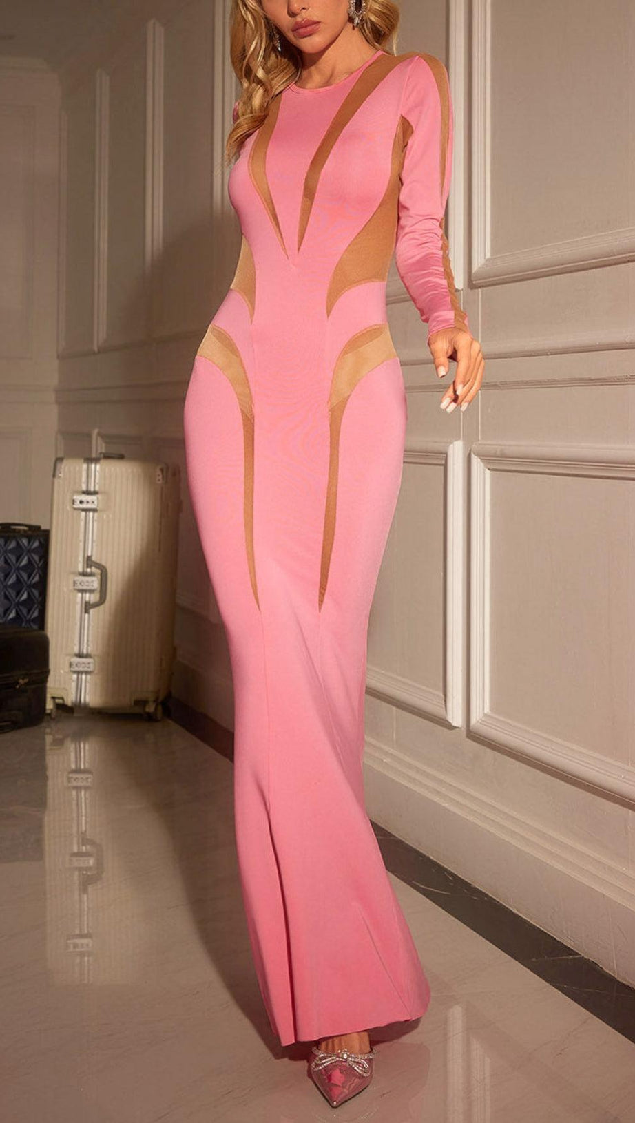 LONG SLEEVE MESH BODYCON MAXI DRESS IN PINK