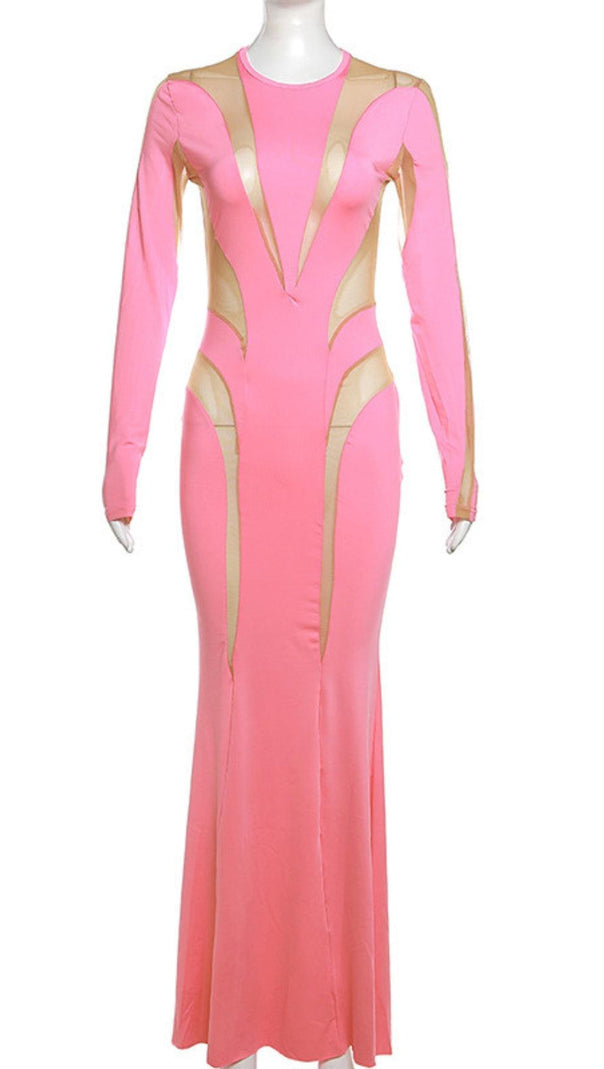 AIIZIE LONG SLEEVE MESH BODYCON MAXI DRESS IN PINK - product image