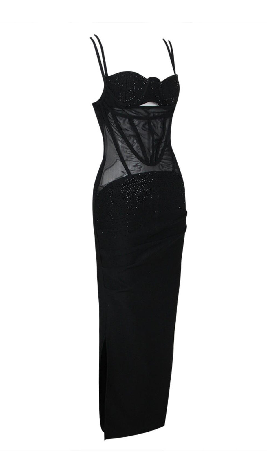 MESH CORSET SPLIT MAXI DRESS IN BLACK