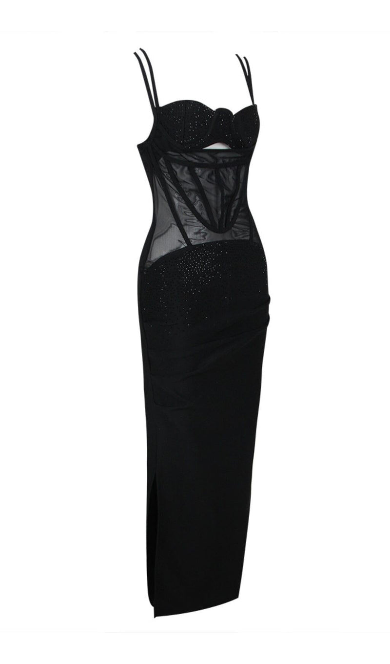 MESH CORSET SPLIT MAXI DRESS IN BLACK