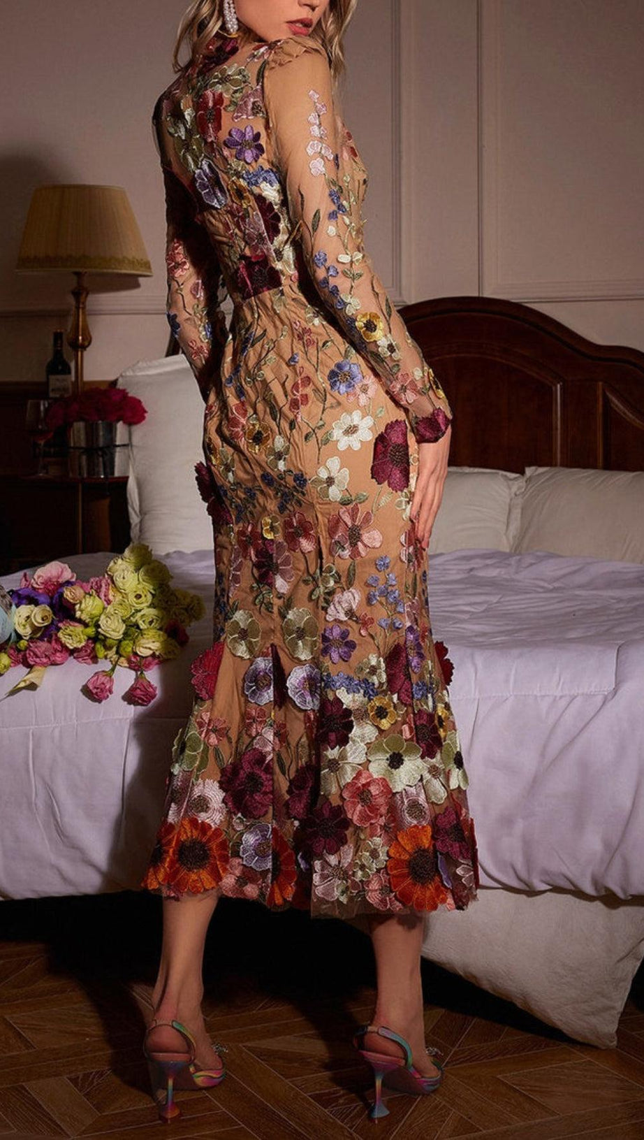 LONG SLEEVE MESH FLOWER MERMAID DRESS IN BLUSH