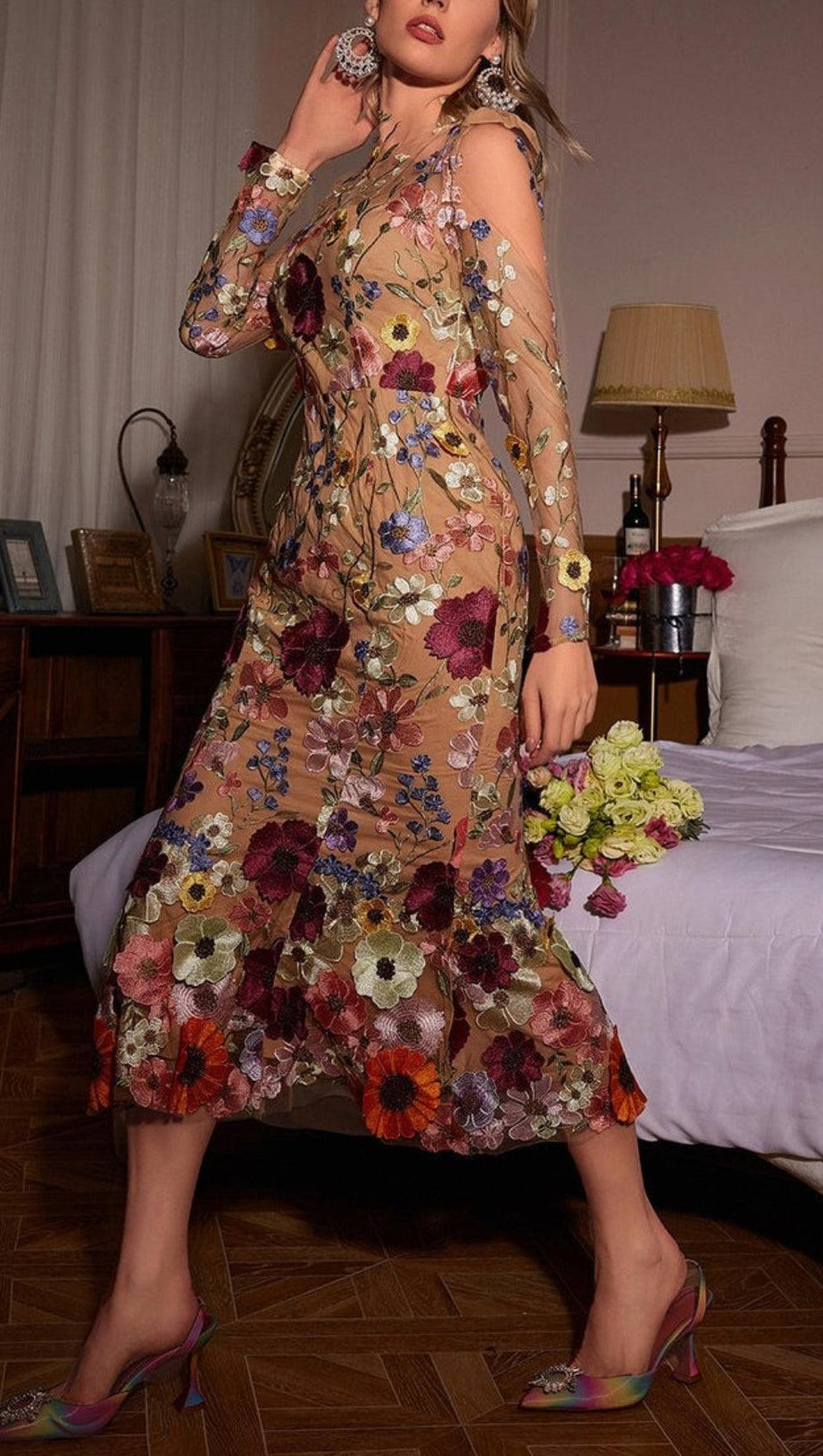 LONG SLEEVE MESH FLOWER MERMAID DRESS IN BLUSH