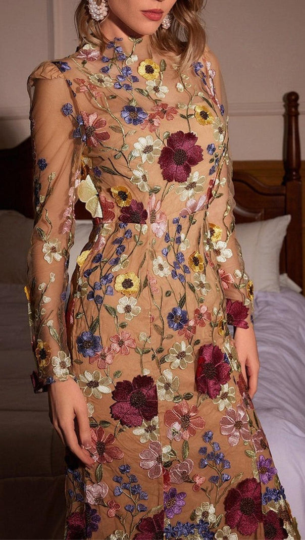 AIIZIE LONG SLEEVE MESH FLOWER MERMAID DRESS IN BLUSH - product image