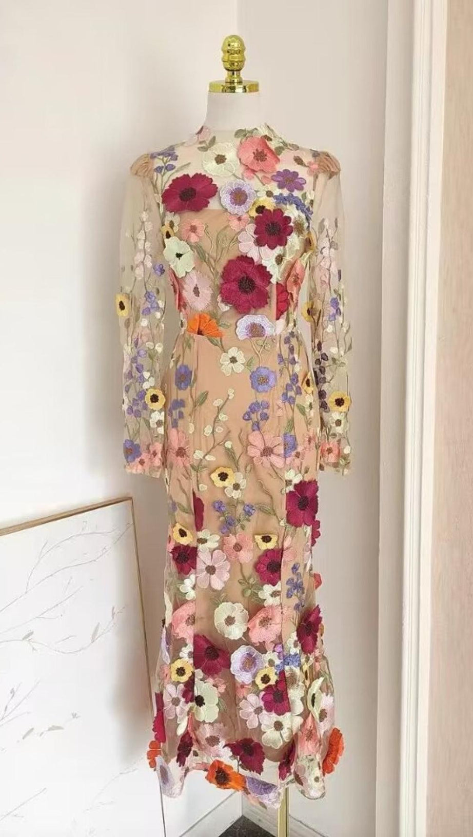 LONG SLEEVE MESH FLOWER MERMAID DRESS IN BLUSH