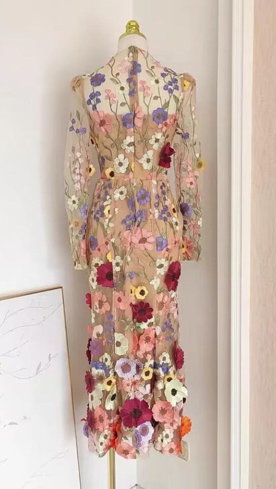 LONG SLEEVE MESH FLOWER MERMAID DRESS IN BLUSH