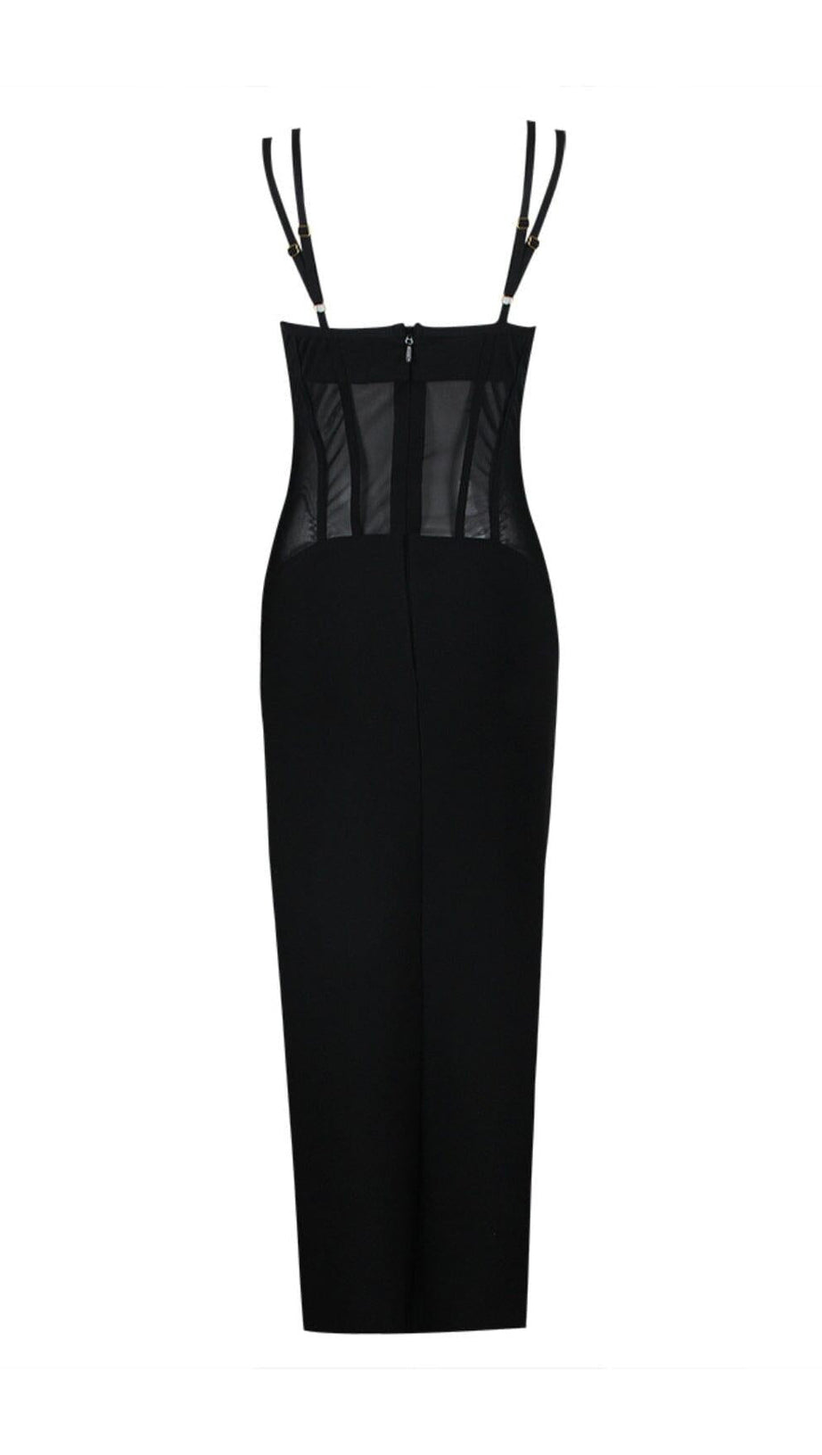 MESH CORSET SPLIT MAXI DRESS IN BLACK