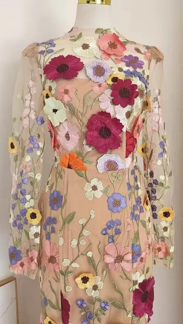 AIIZIE LONG SLEEVE MESH FLOWER MERMAID DRESS IN BLUSH - product image