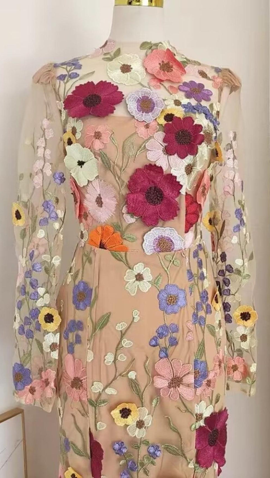 LONG SLEEVE MESH FLOWER MERMAID DRESS IN BLUSH