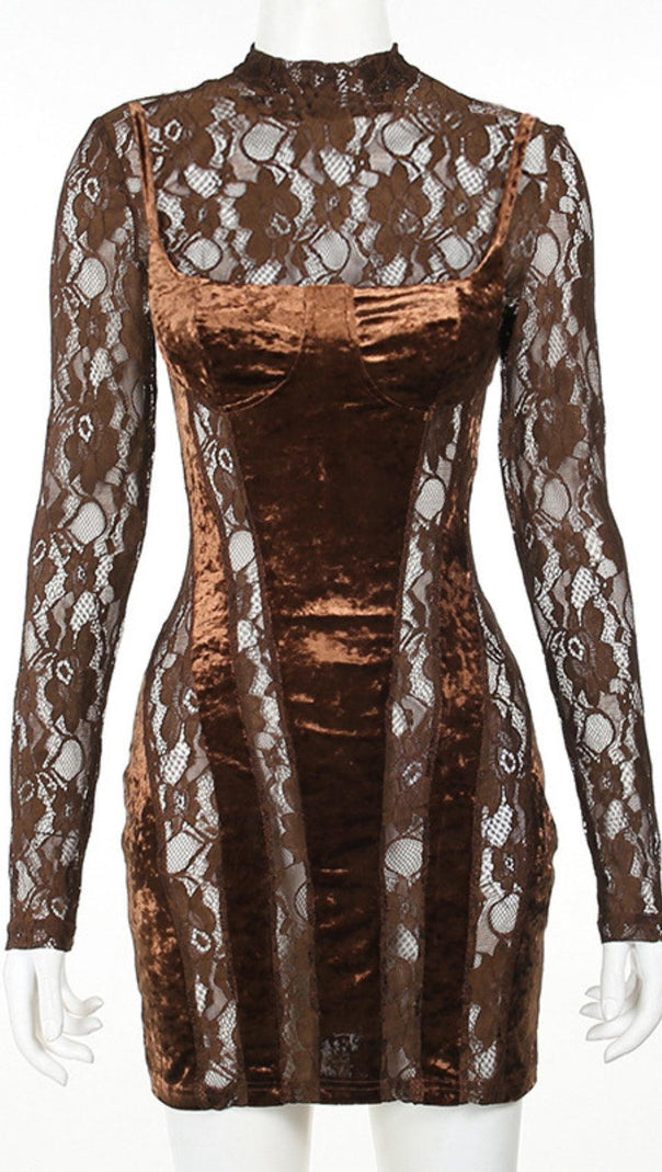 AIIZIE LONG SLEEVE PATCHWORK VELVET DRESS - product image