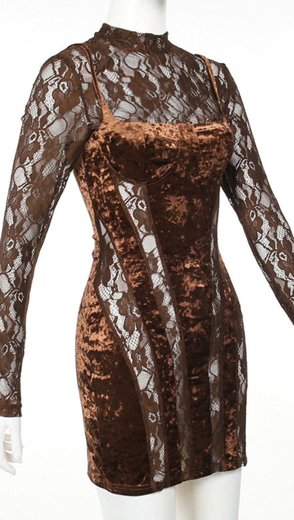 AIIZIE LONG SLEEVE PATCHWORK VELVET DRESS - product image