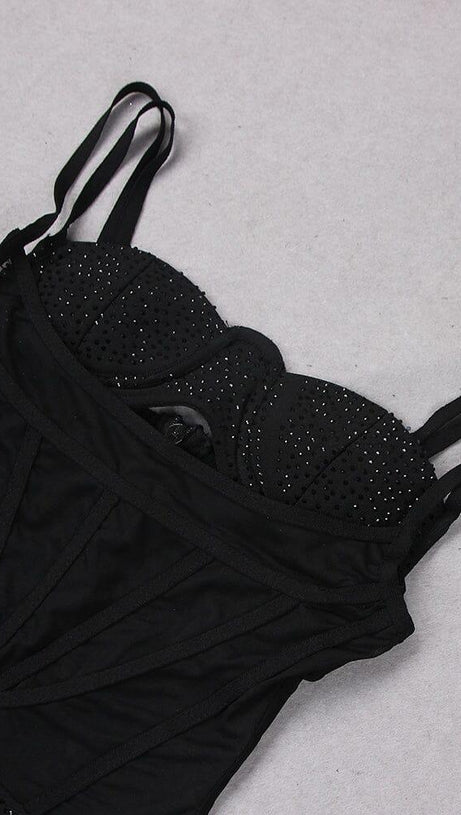 MESH CORSET SPLIT MAXI DRESS IN BLACK