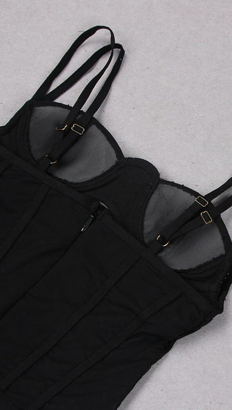 MESH CORSET SPLIT MAXI DRESS IN BLACK