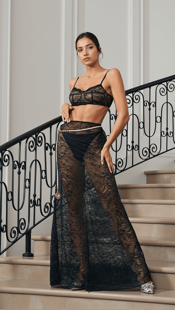 AIIZIE FAVI LACE SKIRT SET WITH WAIST CHAIN IN BLACK - product image