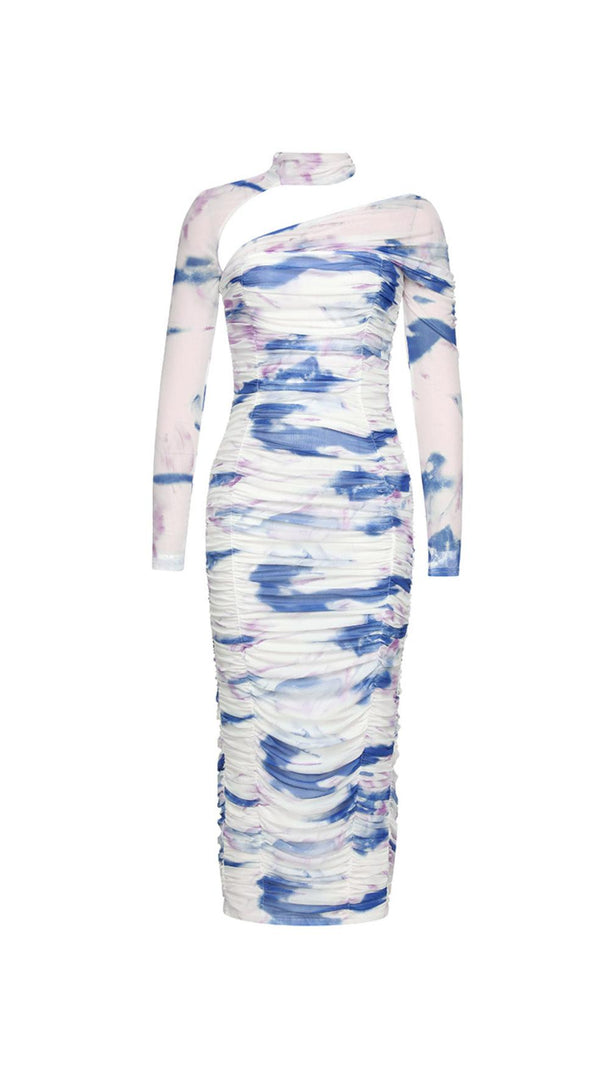 AIIZIE LONG SLEEVE RUCHED MIDI DRESS IN WHITE BLUE - product image