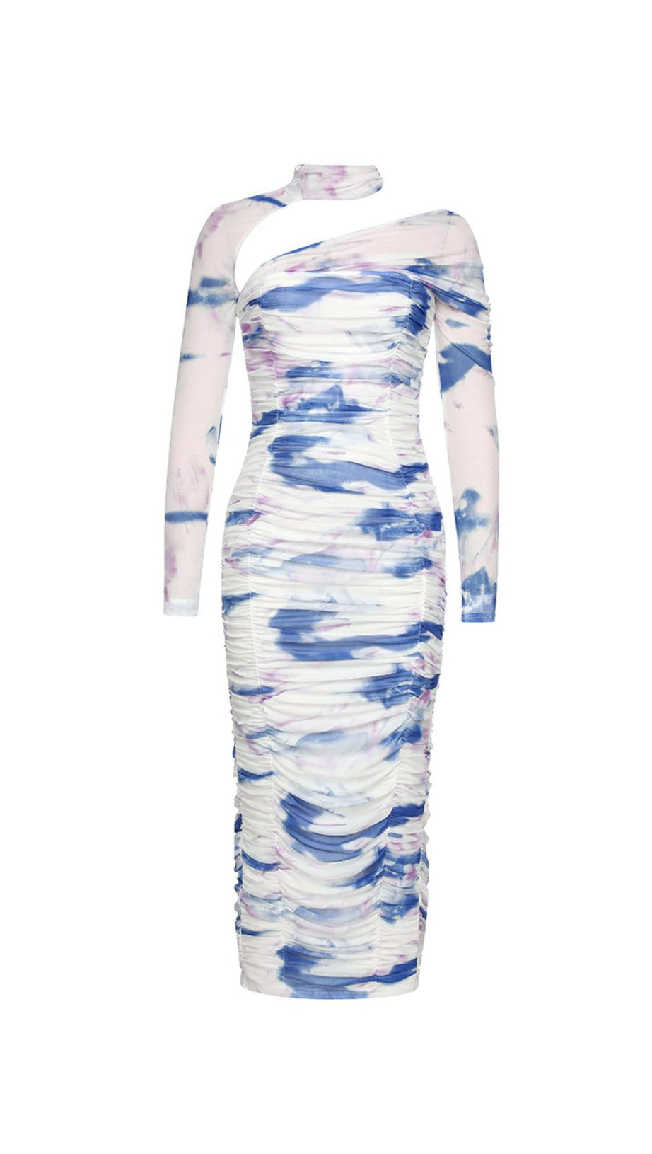 LANGÄRMELIGES MIDIKLEID MIT RÜSCHEN IN WEISS BLAU 