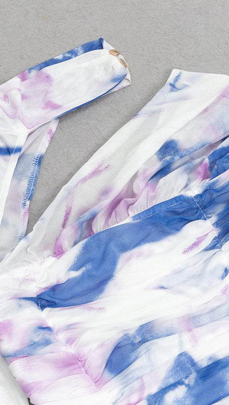 LANGÄRMELIGES MIDIKLEID MIT RÜSCHEN IN WEISS BLAU 