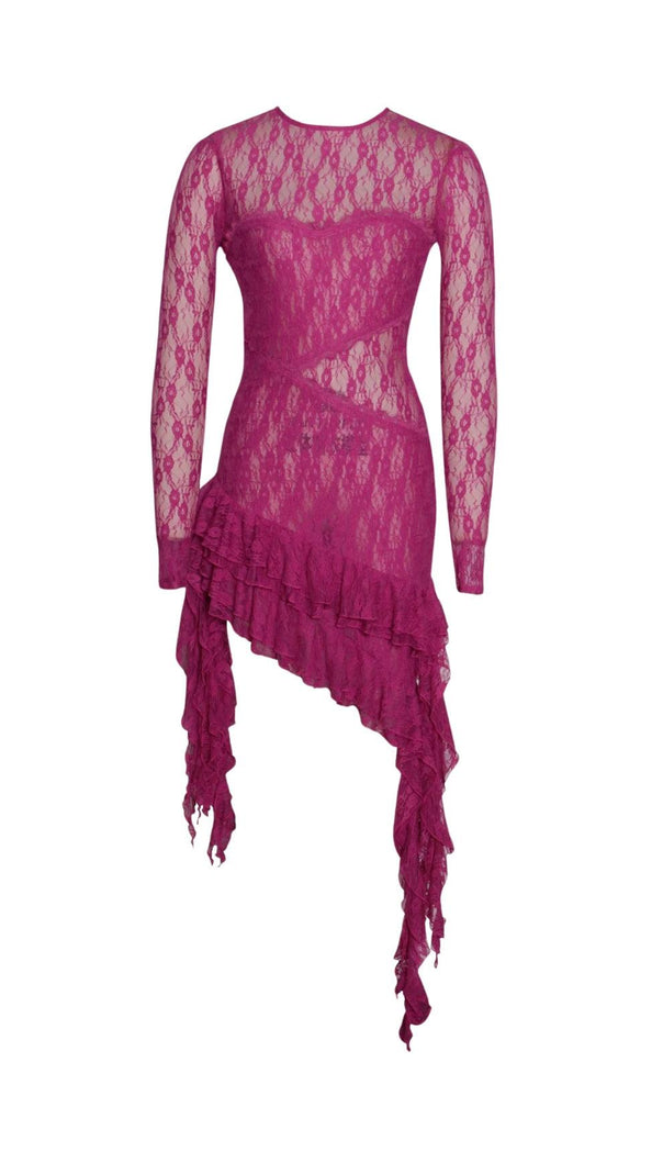 AIIZIE LONG SLEEVE RUFFLE LACE DRESS IN HOT PINK - product image