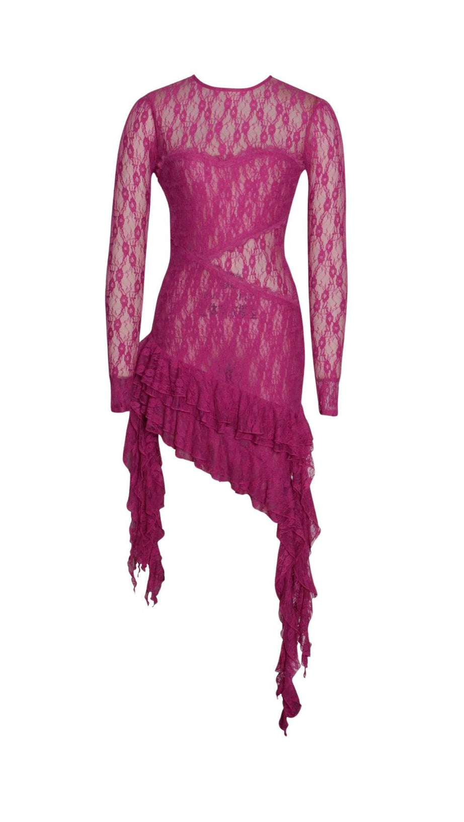 LONG SLEEVE RUFFLE LACE DRESS IN HOT PINK