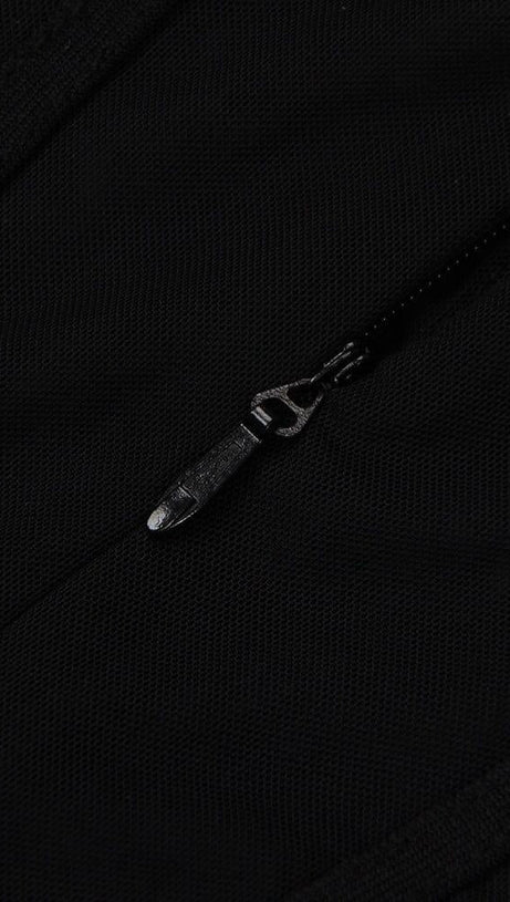 MESH CORSET SPLIT MAXI DRESS IN BLACK