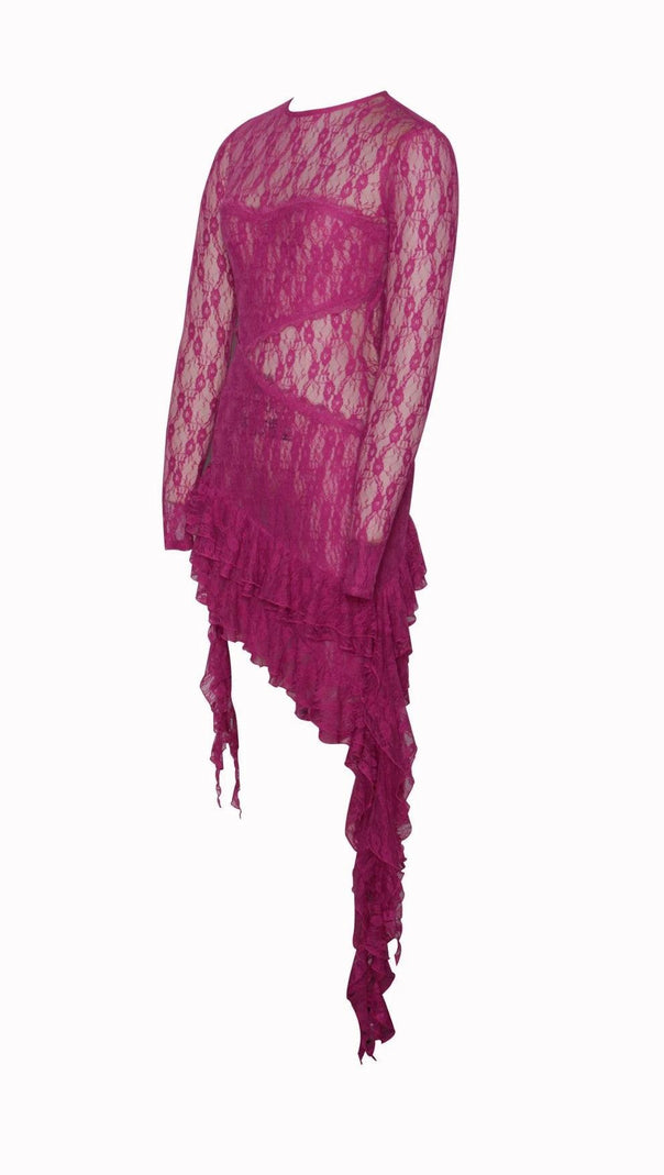 AIIZIE LONG SLEEVE RUFFLE LACE DRESS IN HOT PINK - product image