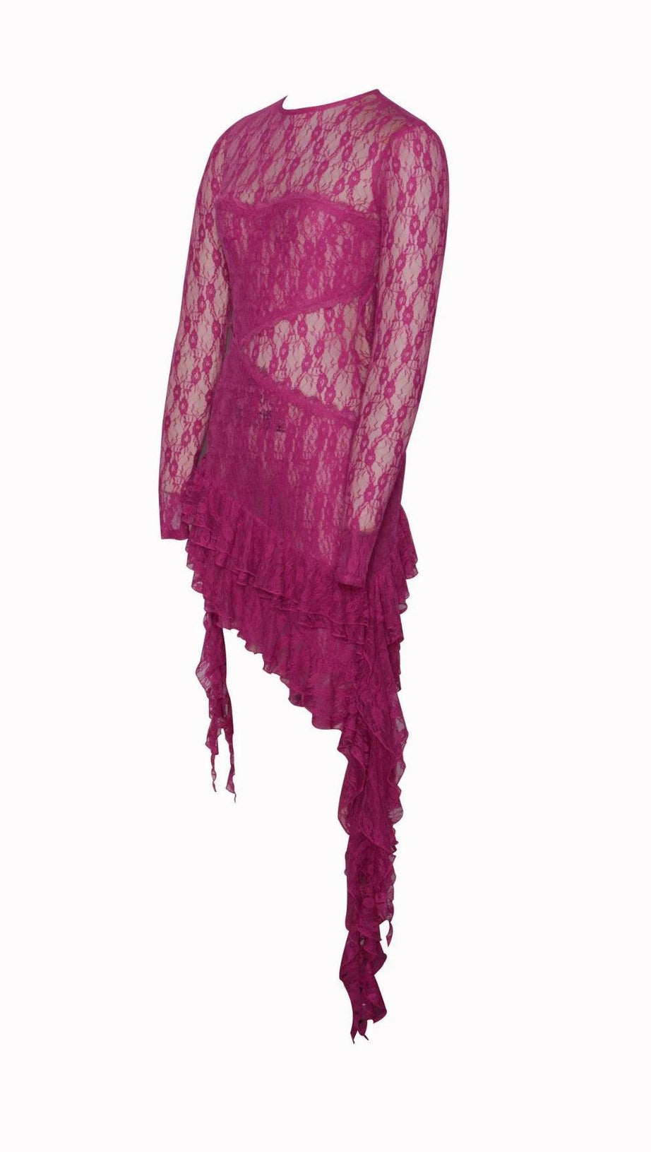 LONG SLEEVE RUFFLE LACE DRESS IN HOT PINK