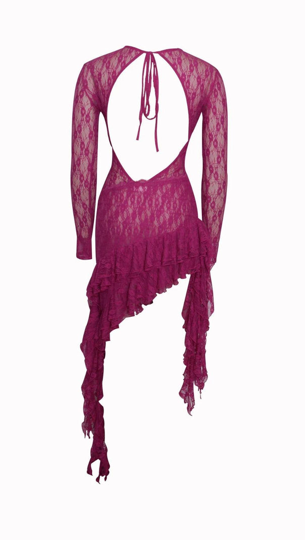 AIIZIE LONG SLEEVE RUFFLE LACE DRESS IN HOT PINK - product image
