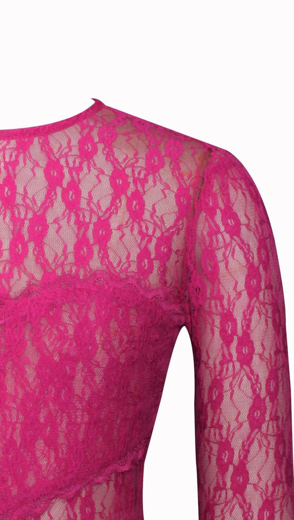 AIIZIE LONG SLEEVE RUFFLE LACE DRESS IN HOT PINK - product image