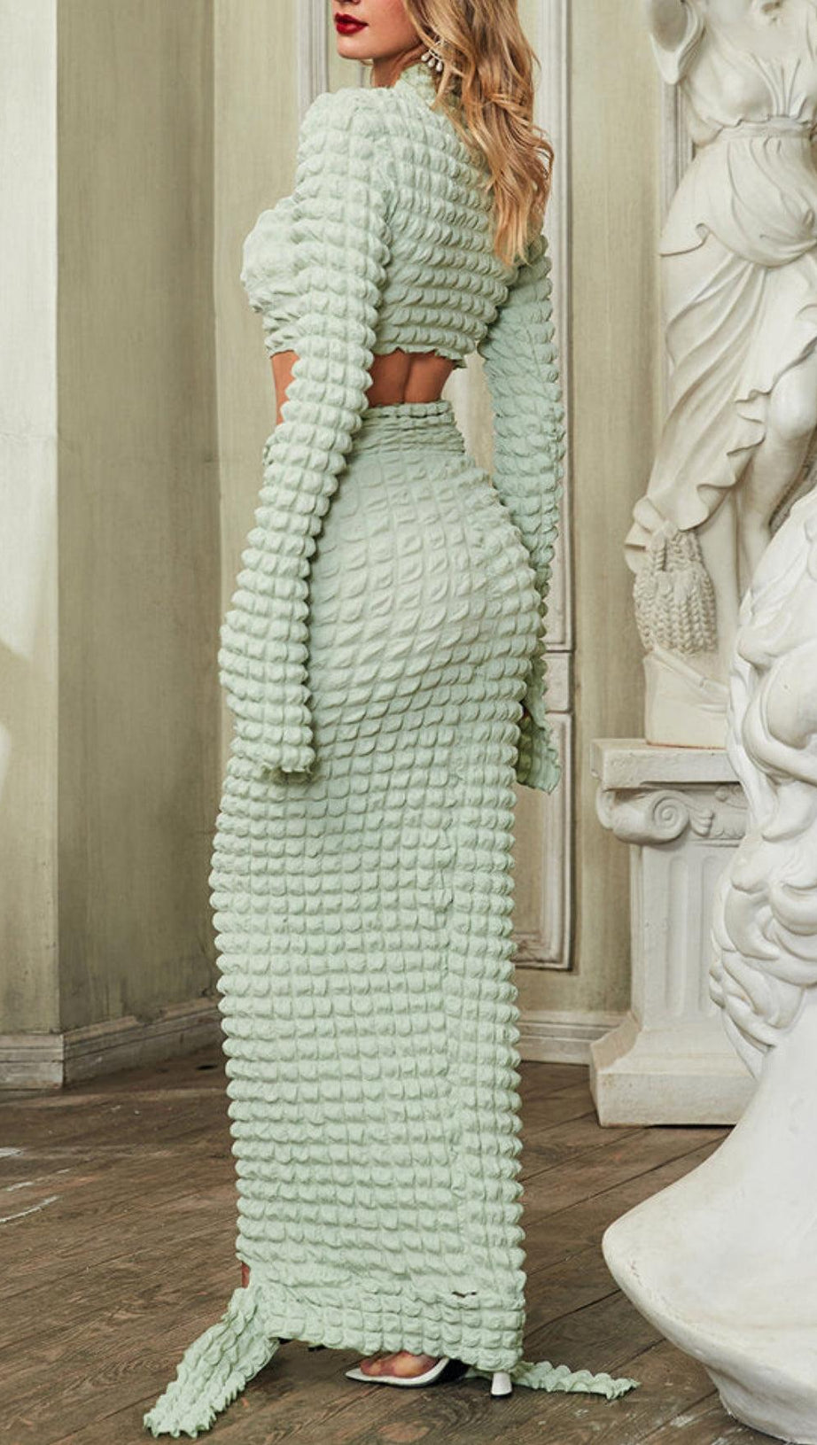 Completo gonna in seersucker a maniche lunghe color menta