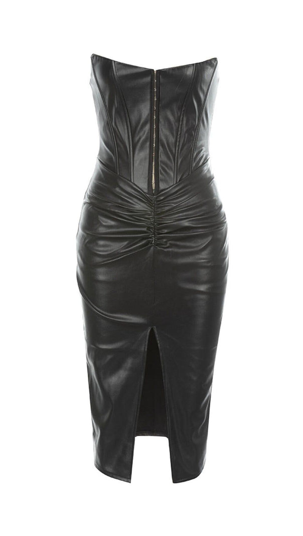 AIIZIE LEATHER STRAPLESS MIDI DRESS IN BLACK - product image