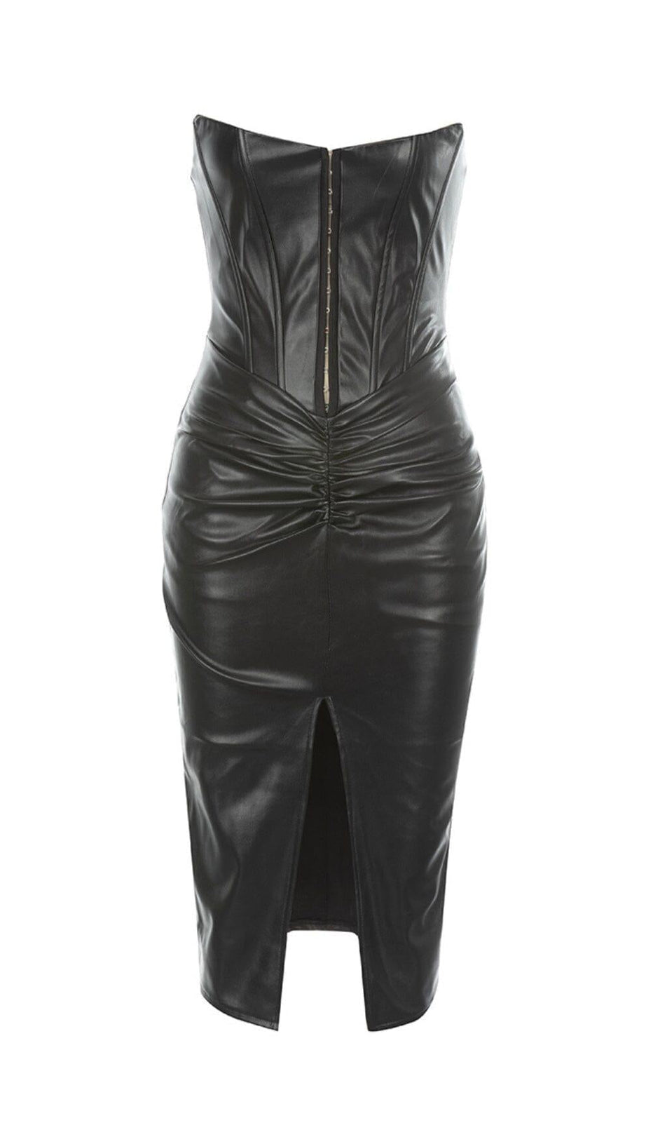 LEATHER STRAPLESS MIDI DRESS IN BLACK
