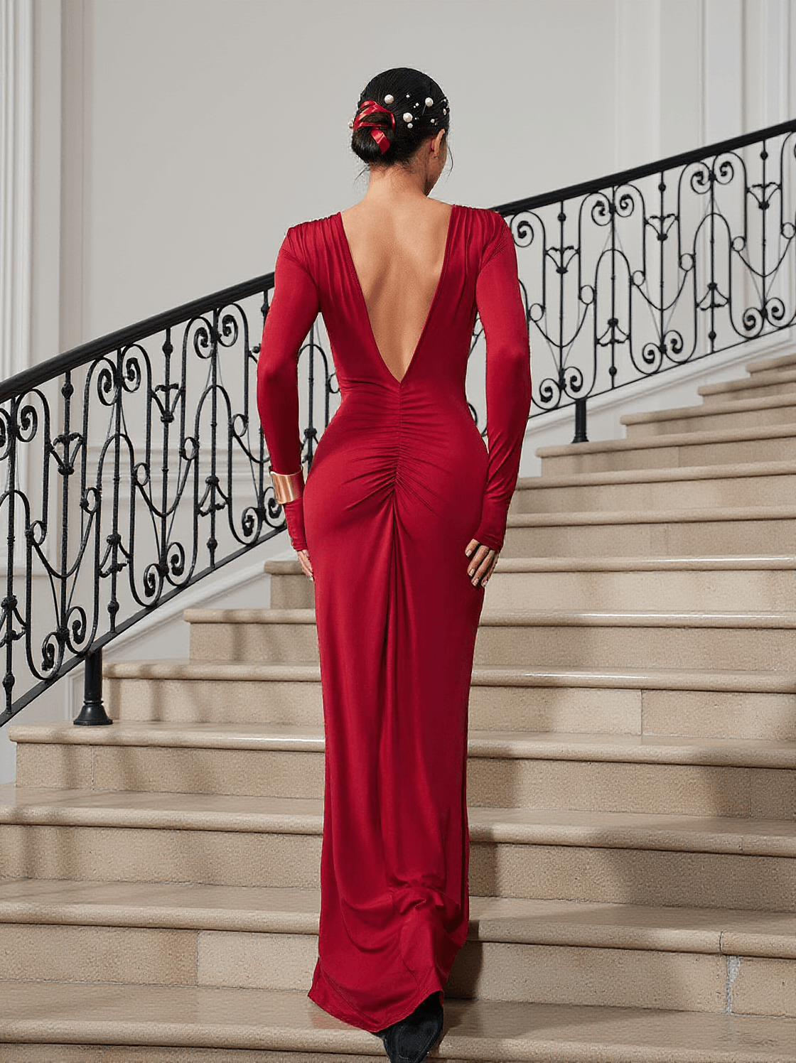 OFIR V NECK RUCHED MAXI DRESS IN WINE