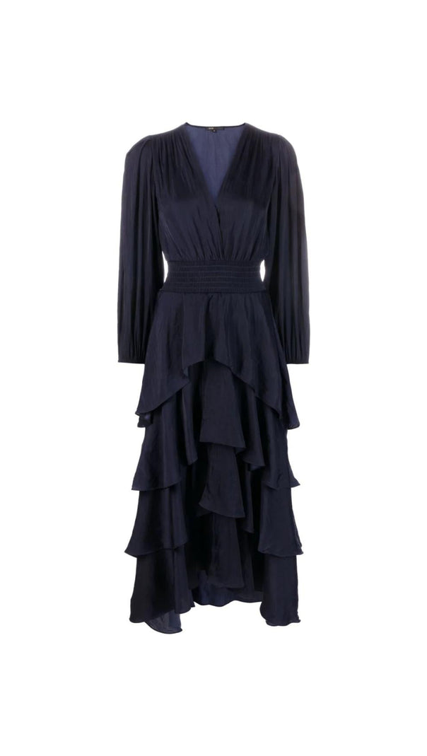 AIIZIE LONG SLEEVE TIERED RUFFLE SATIN MIDI DRESS - product image