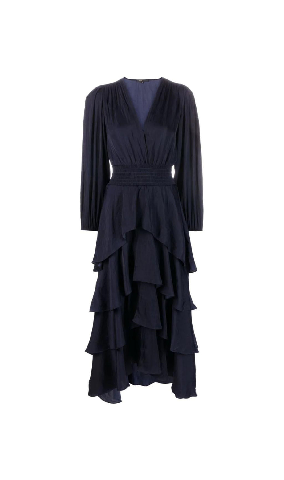 LANGÄRMELIGES MIDIKLEID AUS SATIN MIT RÜSCHEN 