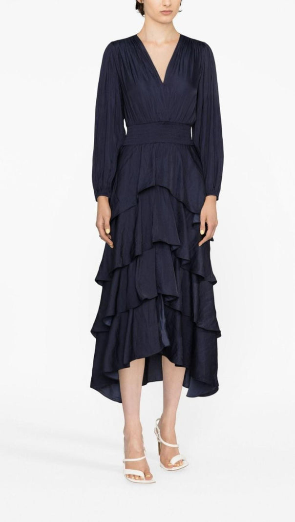 AIIZIE LONG SLEEVE TIERED RUFFLE SATIN MIDI DRESS - product image