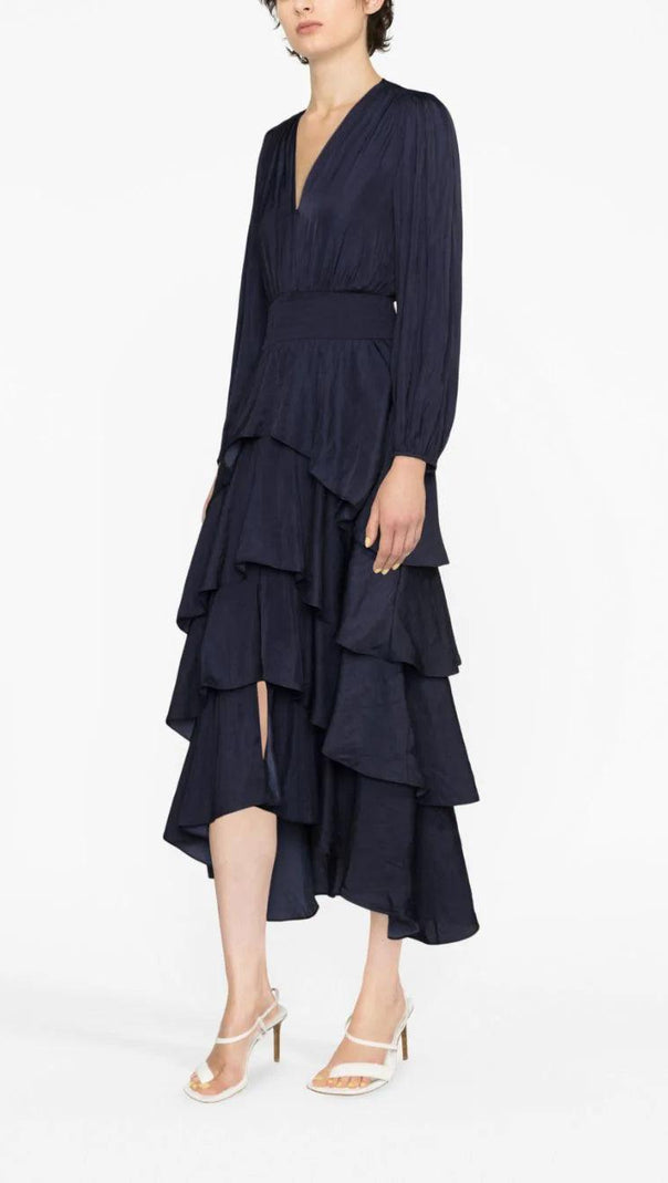 AIIZIE LONG SLEEVE TIERED RUFFLE SATIN MIDI DRESS - product image