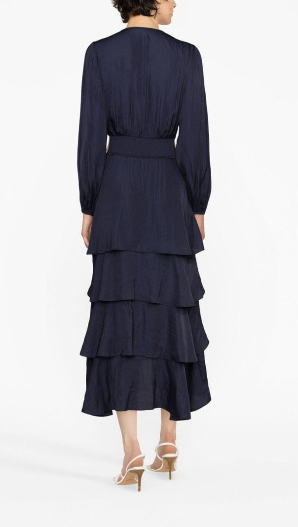 AIIZIE LONG SLEEVE TIERED RUFFLE SATIN MIDI DRESS - product image