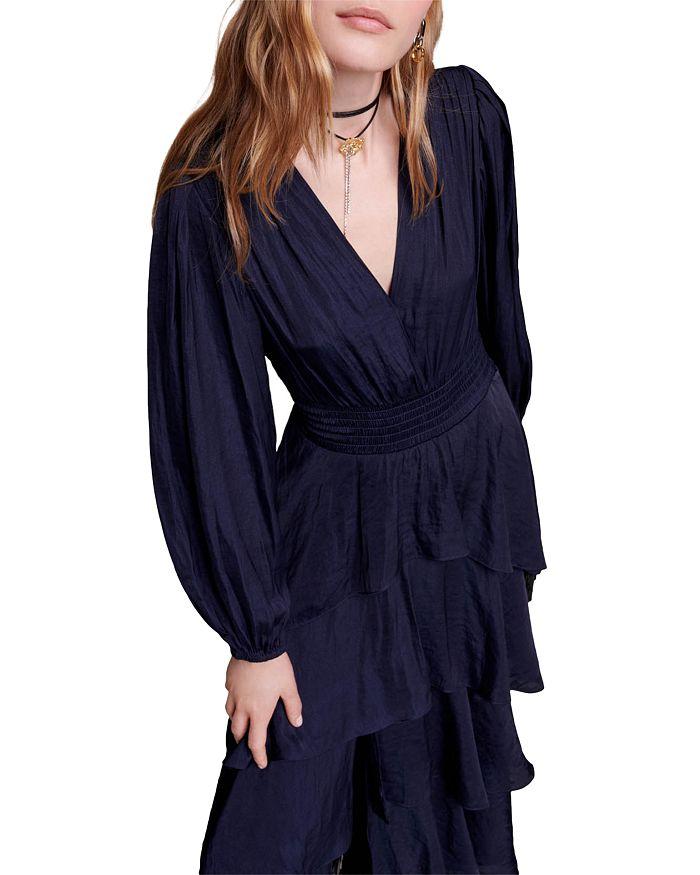 AIIZIE LONG SLEEVE TIERED RUFFLE SATIN MIDI DRESS - product image