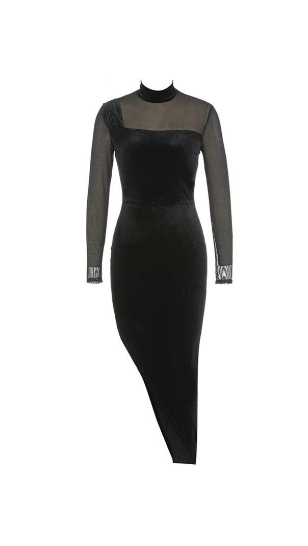 AIIZIE MESH ASYMMETRICAL VELVET BODYCON MIDI DRESS - product image