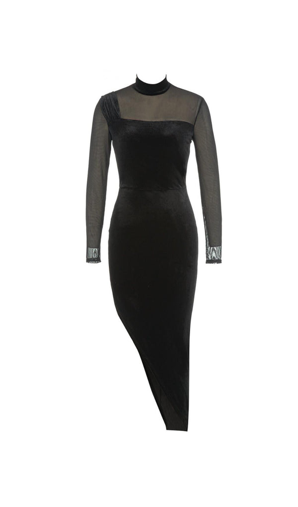 MESH ASYMMETRICAL VELVET BODYCON MIDI DRESS