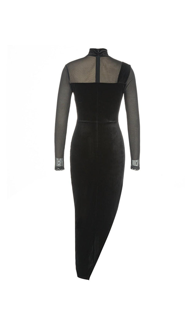 AIIZIE MESH ASYMMETRICAL VELVET BODYCON MIDI DRESS - product image