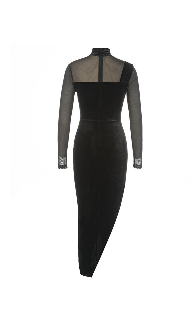 MESH ASYMMETRICAL VELVET BODYCON MIDI DRESS