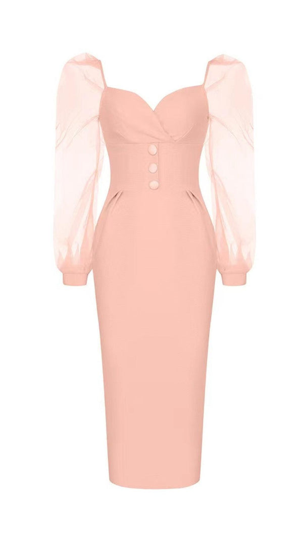 AIIZIE MESH SLEEVE BODYCON MIDI DRESS IN BLUSH PINK - product image