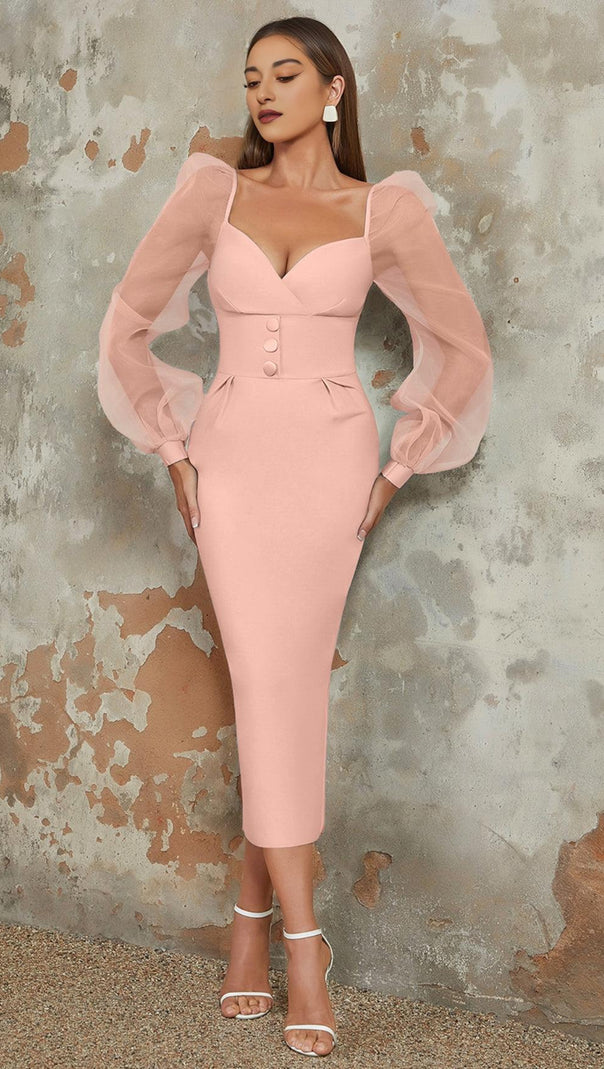 AIIZIE MESH SLEEVE BODYCON MIDI DRESS IN BLUSH PINK - product image