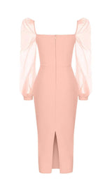 MESH SLEEVE BODYCON MIDI DRESS IN BLUSH PINK