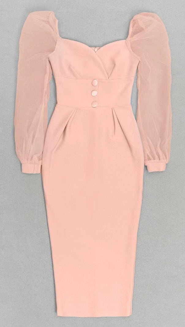 AIIZIE MESH SLEEVE BODYCON MIDI DRESS IN BLUSH PINK - product image