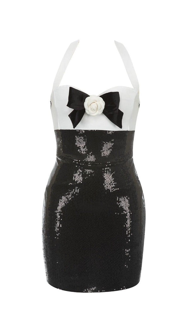 AIIZIE SEQUIN HALTER FLOWER MINI DRESS IN BLACK - product image