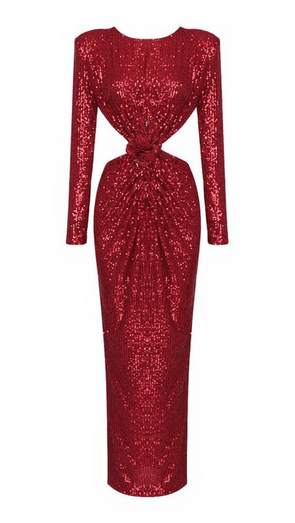 AIIZIE AVIVA LONG SLEEVE CUTOUT SEQUIN MAXI DRESS IN RED - product image
